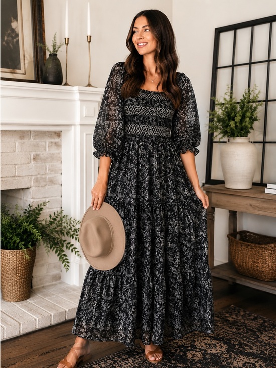 Baltic Born Dresses & Skirts - Baltic Born Black Floral Smocked Maxi Dress Large Cottagecore Puff Sleeve Boho